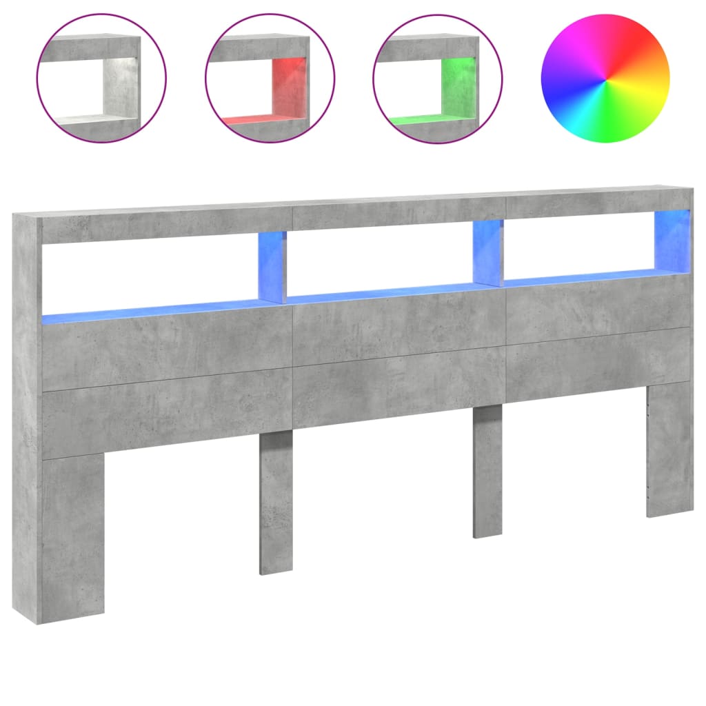 sengegavl med opbevaring og LED-lys 220x17x102 cm betongrå