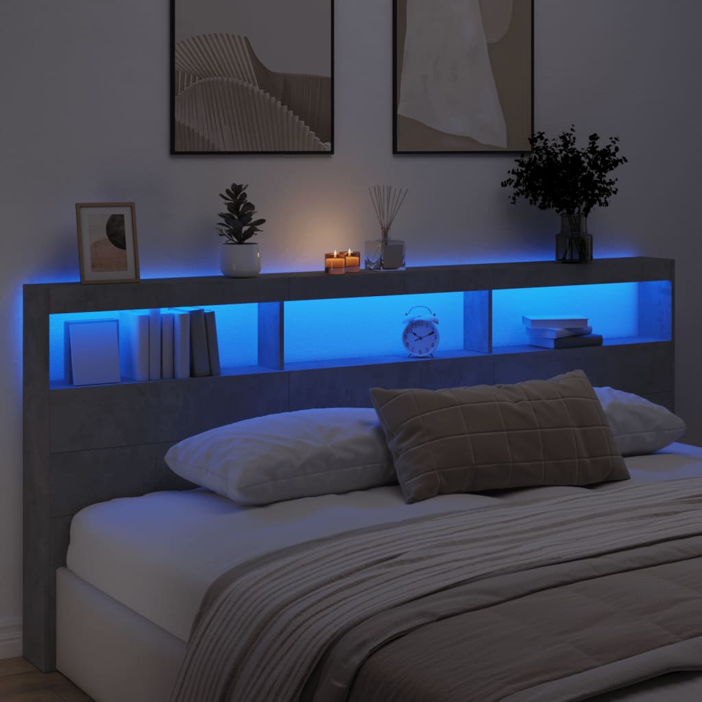 sengegavl med opbevaring og LED-lys 220x17x102 cm betongrå