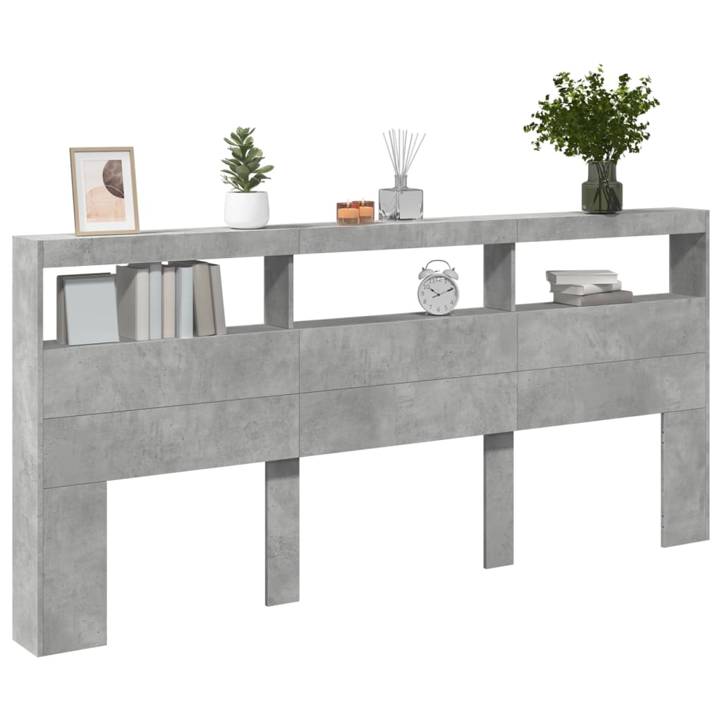 sengegavl med opbevaring og LED-lys 220x17x102 cm betongrå