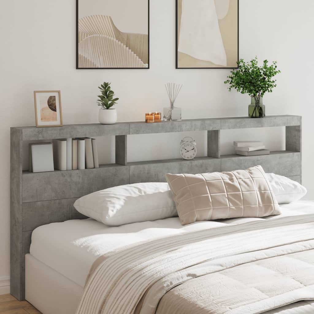 sengegavl med opbevaring og LED-lys 220x17x102 cm betongrå
