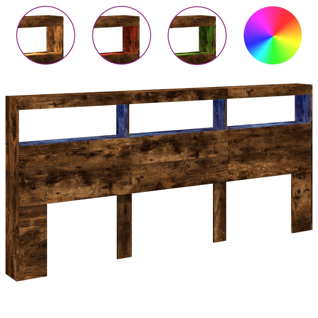 sengegavl med opbevaring og LED-lys 220x17x102 cm røget eg