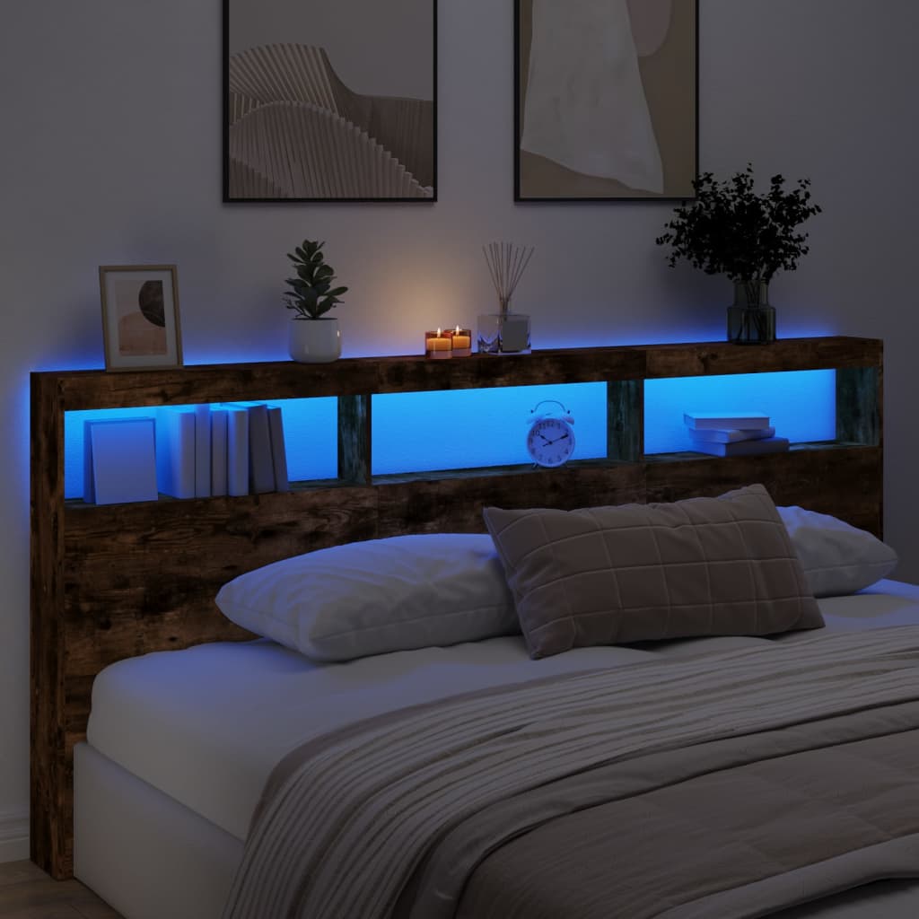 sengegavl med opbevaring og LED-lys 220x17x102 cm røget eg