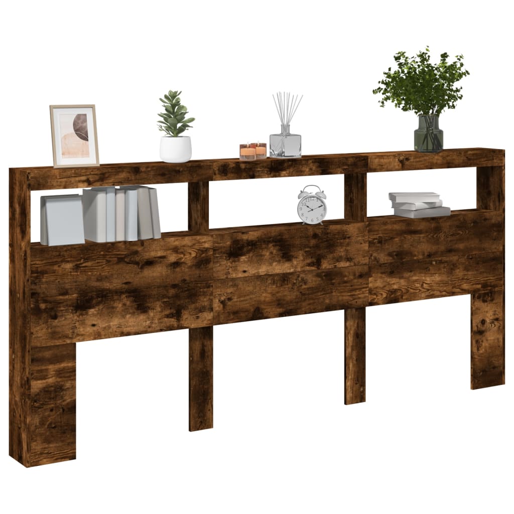 sengegavl med opbevaring og LED-lys 220x17x102 cm røget eg