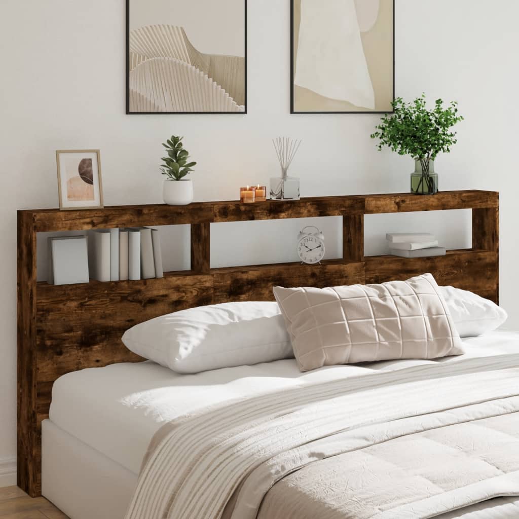 sengegavl med opbevaring og LED-lys 220x17x102 cm røget eg
