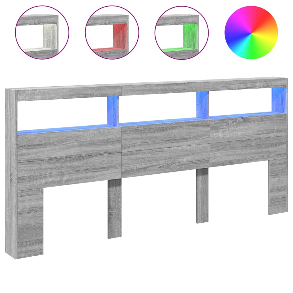 sengegavl med opbevaring og LED-lys 220x17x102 cm grå sonoma-eg