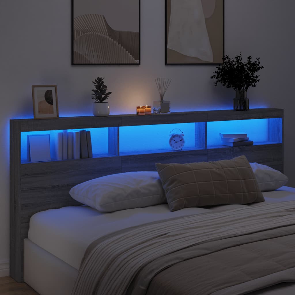 sengegavl med opbevaring og LED-lys 220x17x102 cm grå sonoma-eg