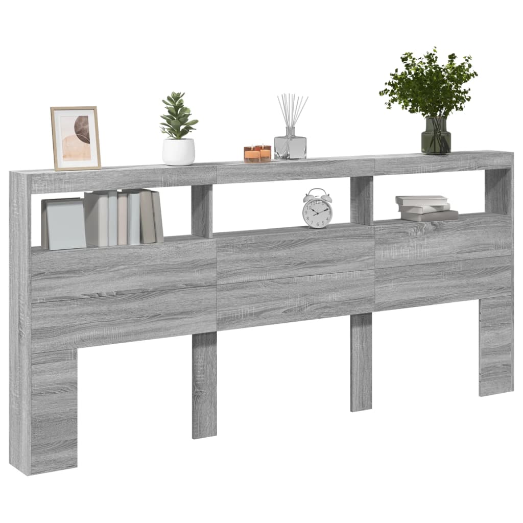 sengegavl med opbevaring og LED-lys 220x17x102 cm grå sonoma-eg