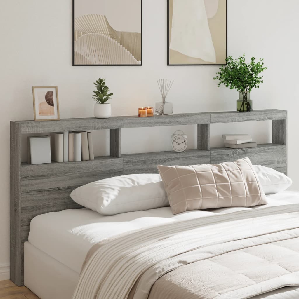 sengegavl med opbevaring og LED-lys 220x17x102 cm grå sonoma-eg