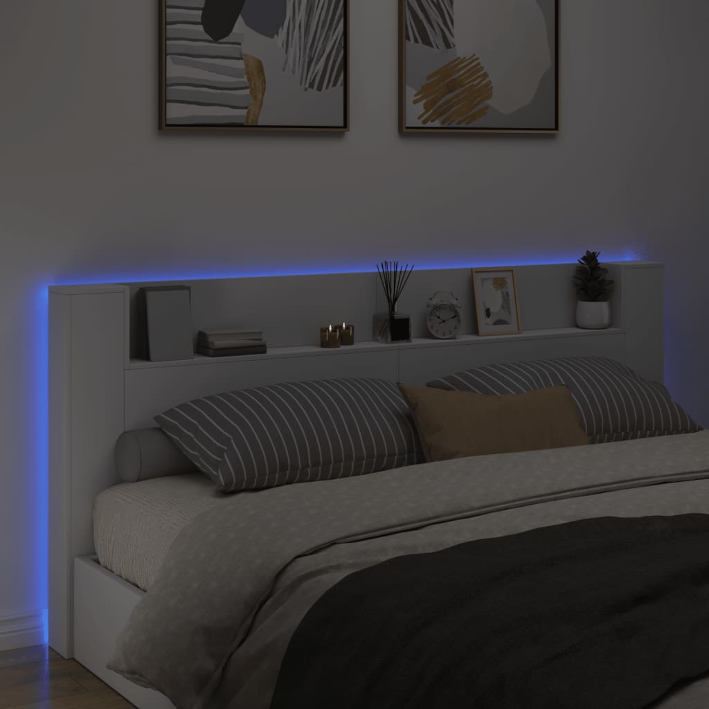 sengegavl med opbevaring og LED-lys 220x16,5x103,5 cm hvid