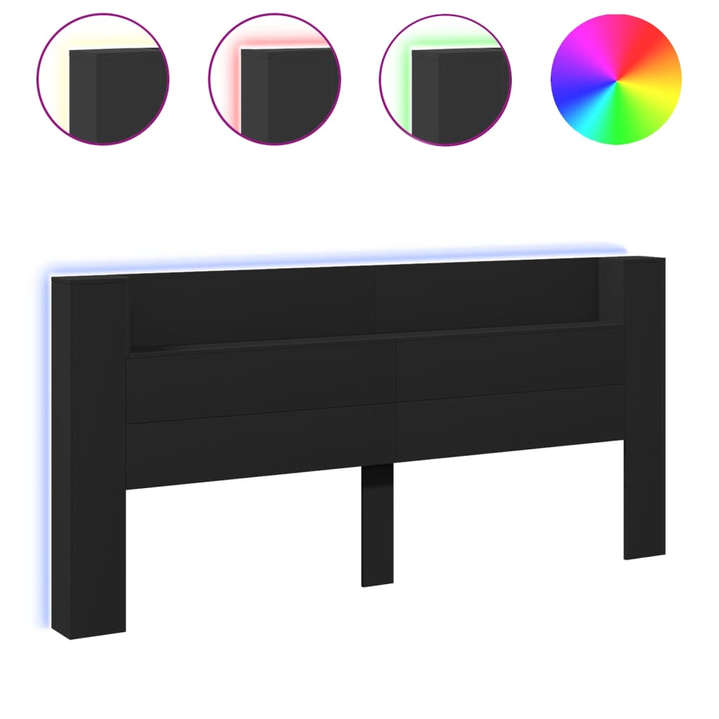 sengegavl med opbevaring og LED-lys 220x16,5x103,5 cm sort