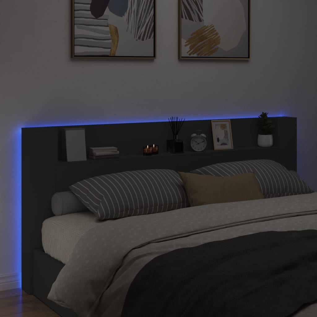 sengegavl med opbevaring og LED-lys 220x16,5x103,5 cm sort