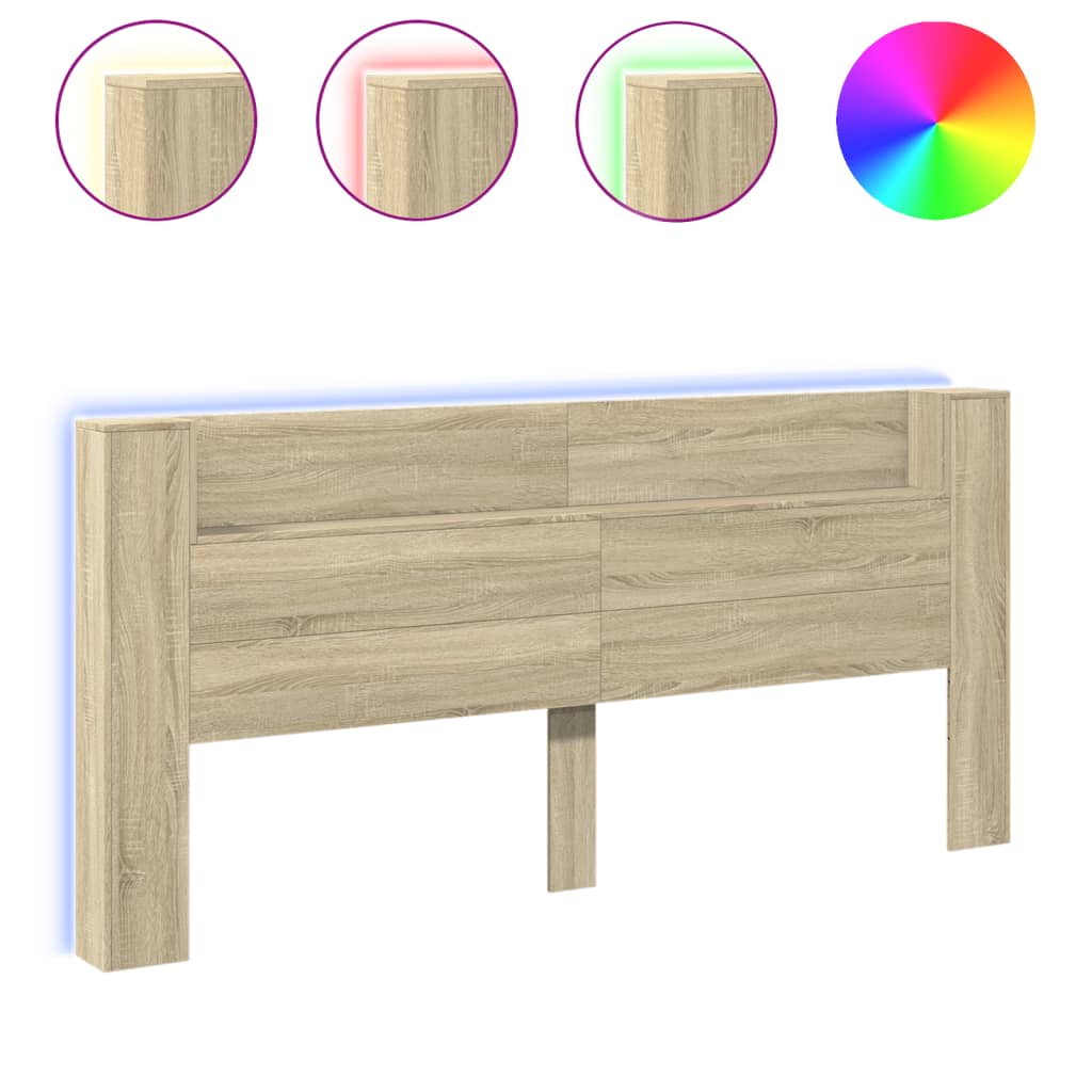 sengegavl med opbevaring og LED-lys 220x16,5x103,5 cm sonoma-eg