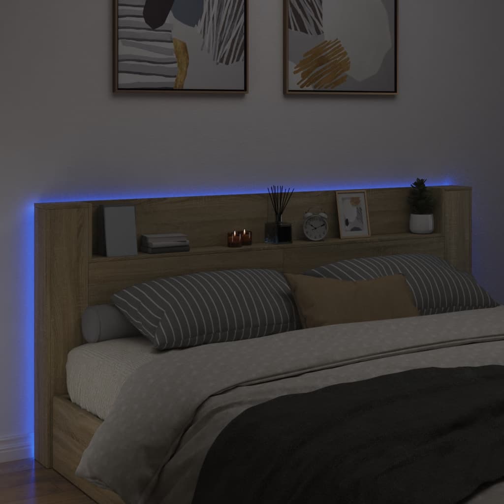 sengegavl med opbevaring og LED-lys 220x16,5x103,5 cm sonoma-eg