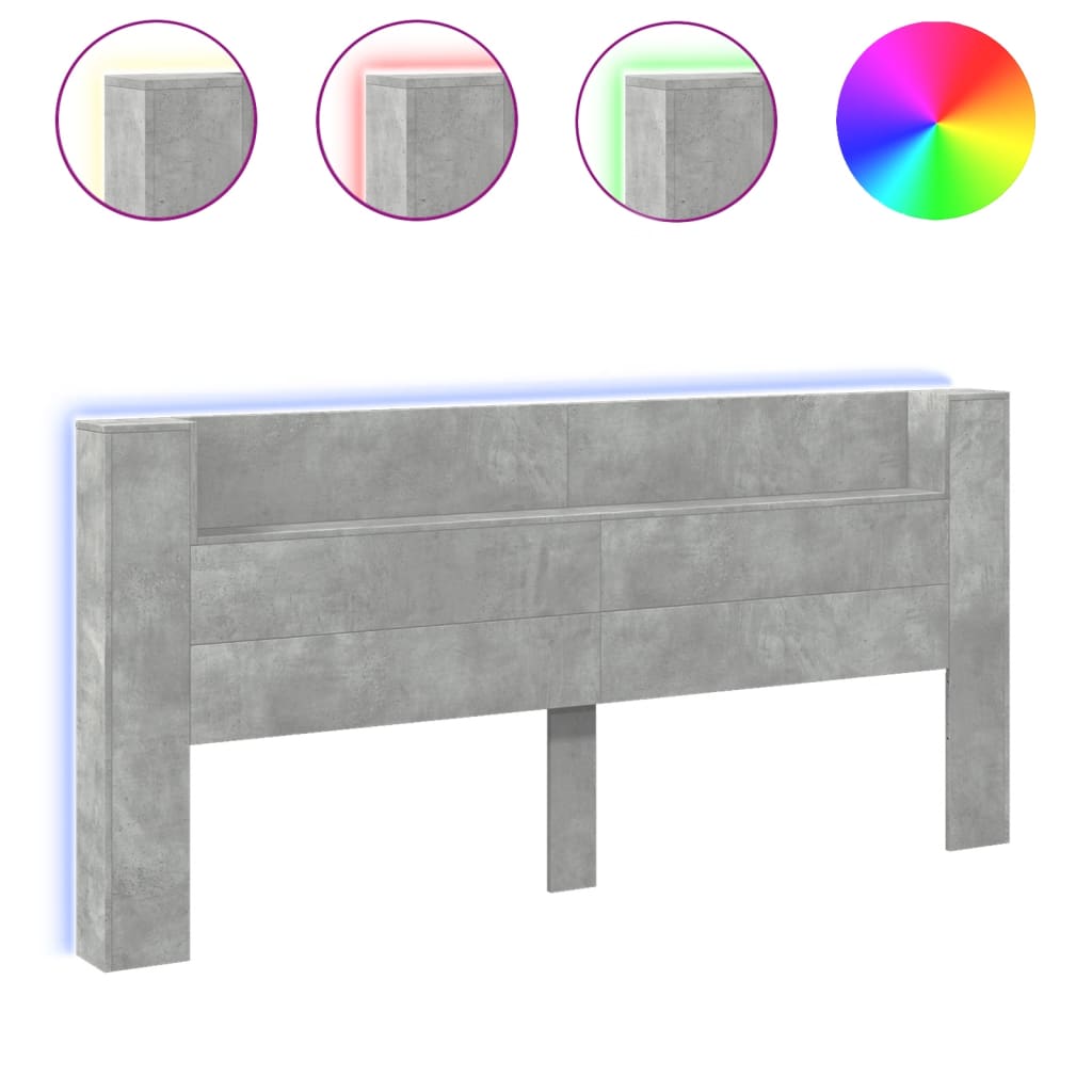 sengegavl med opbevaring og LED-lys 220x16,5x103,5 cm betongrå
