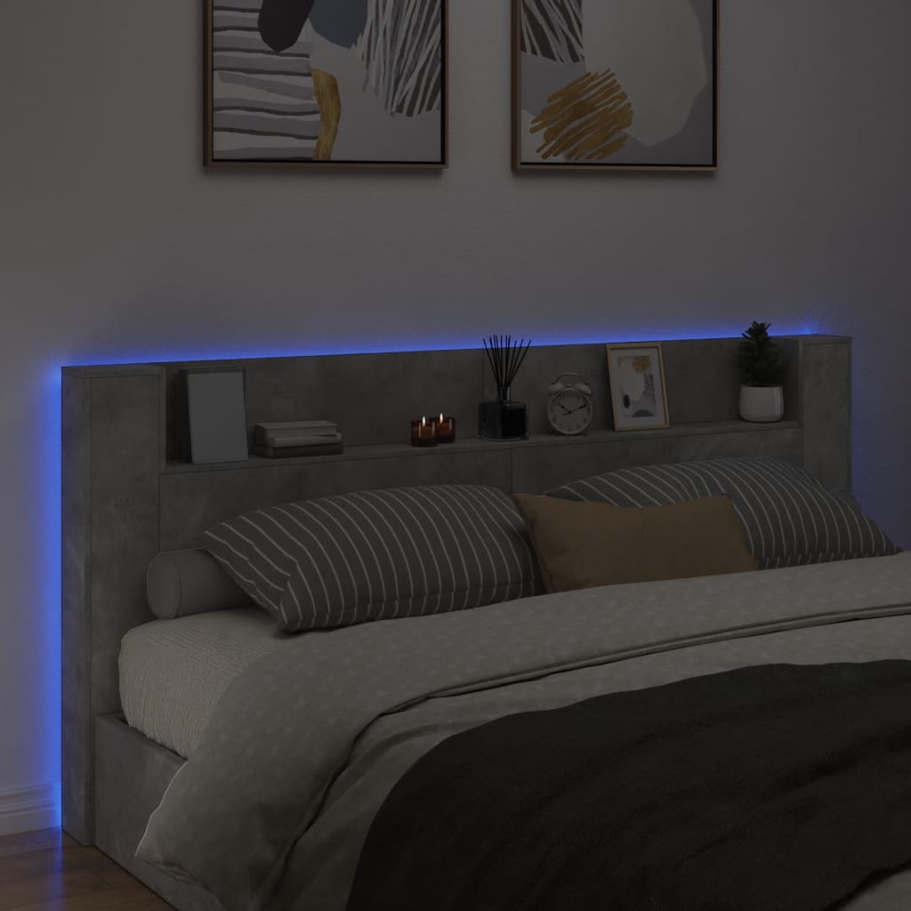sengegavl med opbevaring og LED-lys 220x16,5x103,5 cm betongrå