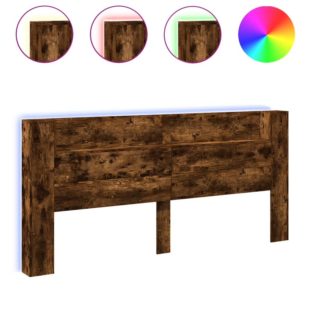 sengegavl med opbevaring og LED-lys 220x16,5x103,5 cm røget eg