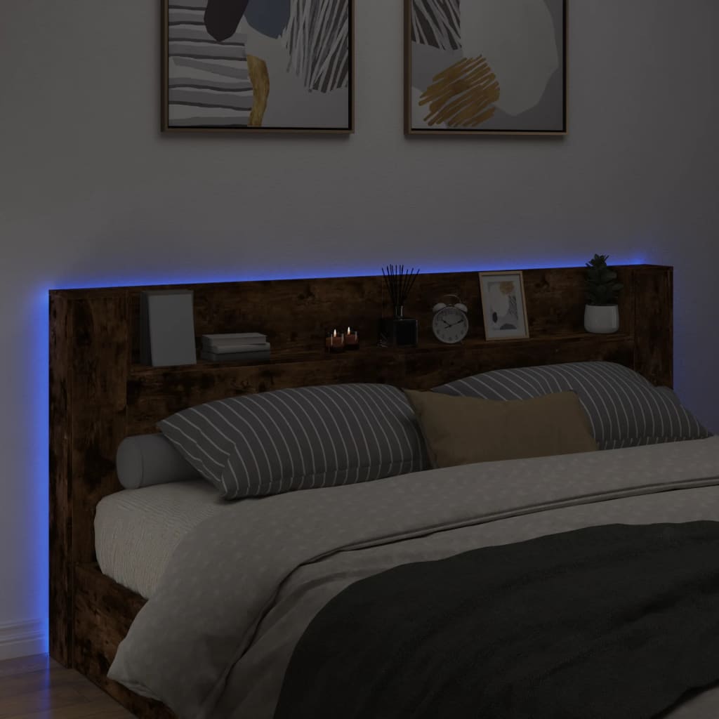 sengegavl med opbevaring og LED-lys 220x16,5x103,5 cm røget eg