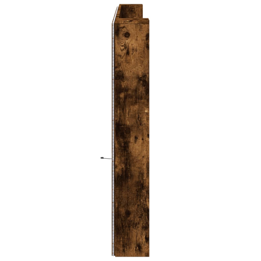 sengegavl med opbevaring og LED-lys 220x16,5x103,5 cm røget eg