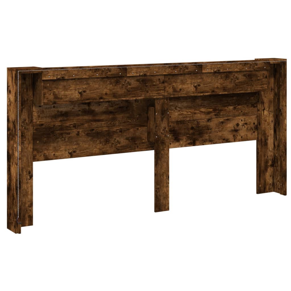 sengegavl med opbevaring og LED-lys 220x16,5x103,5 cm røget eg