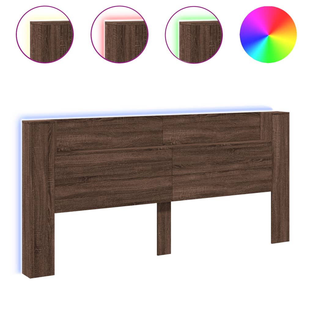 sengegavl med opbevaring og LED-lys 220x16,5x103,5 cm brunt eg