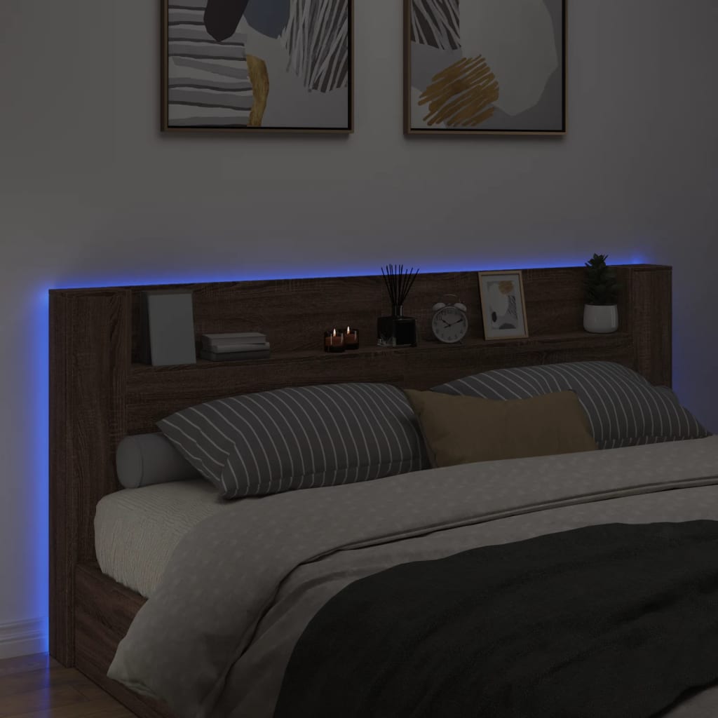 sengegavl med opbevaring og LED-lys 220x16,5x103,5 cm brunt eg