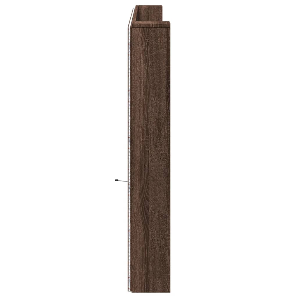 sengegavl med opbevaring og LED-lys 220x16,5x103,5 cm brunt eg