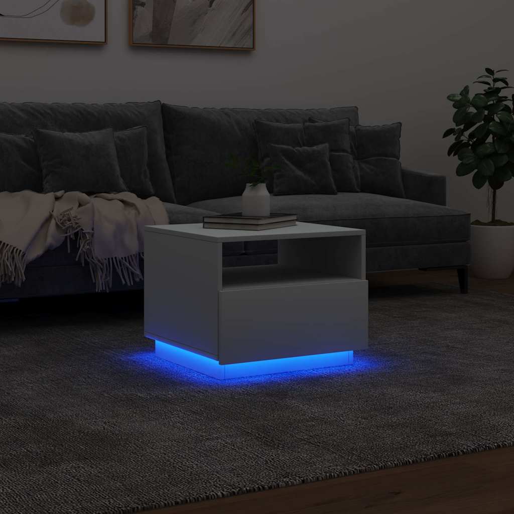 sofabord med LED-lys 50x49x40 cm hvid