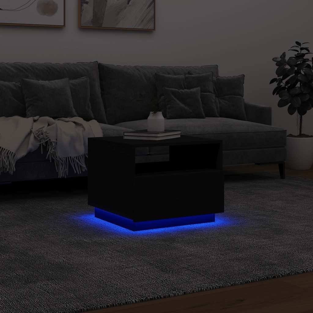 sofabord med LED-lys 50x49x40 cm sort
