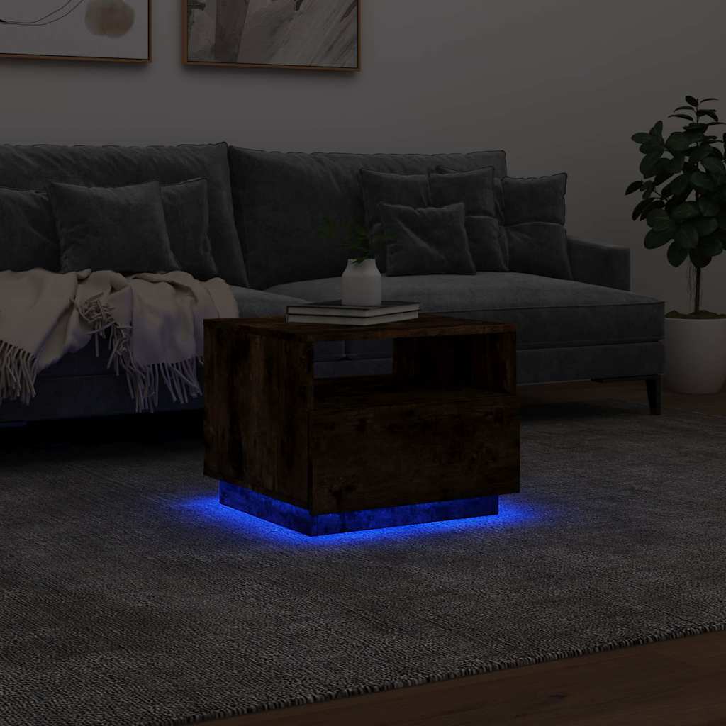 sofabord med LED-lys 50x49x40 cm røget egetræsfarve