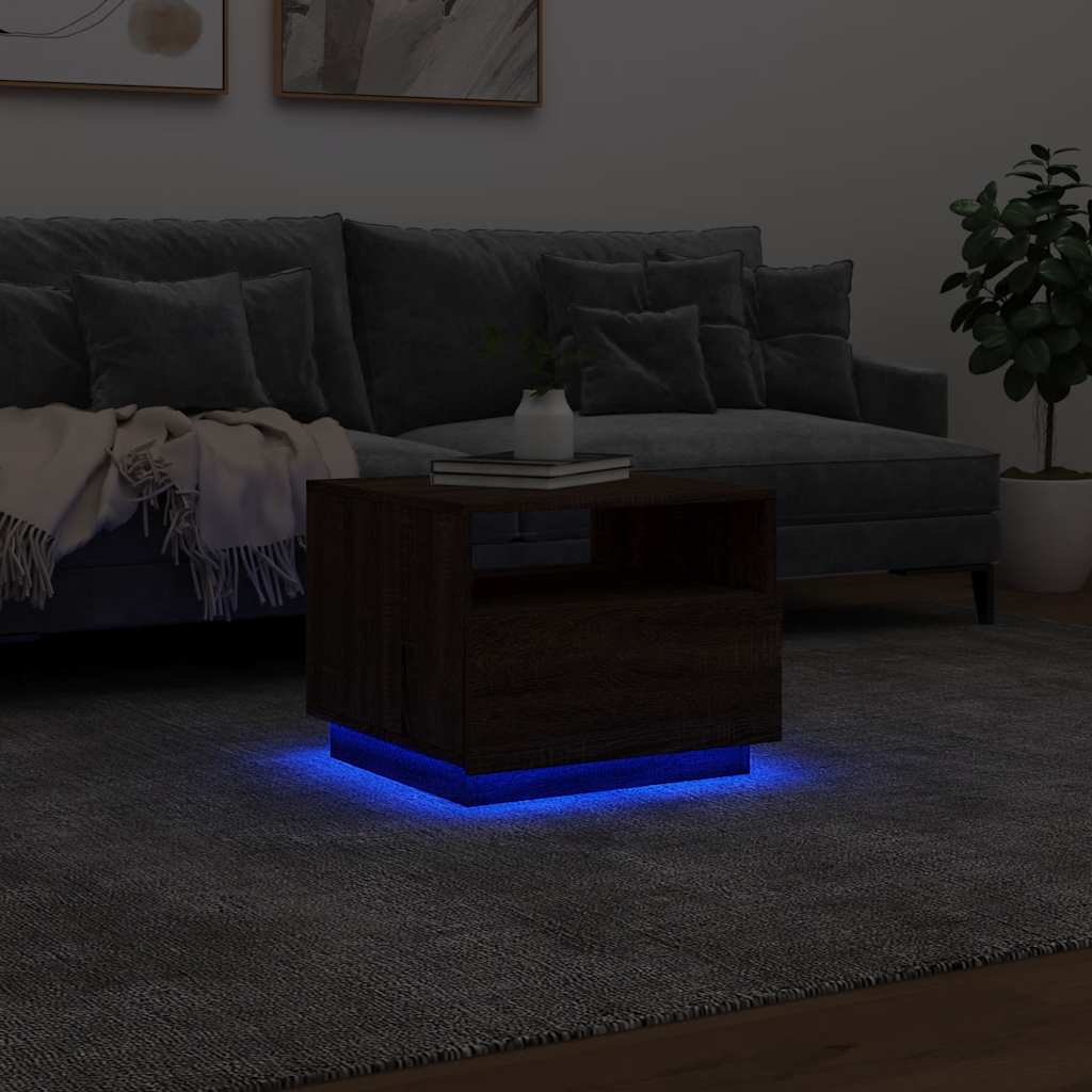 sofabord med LED-lys 50x49x40 cm brun egetræsfarve