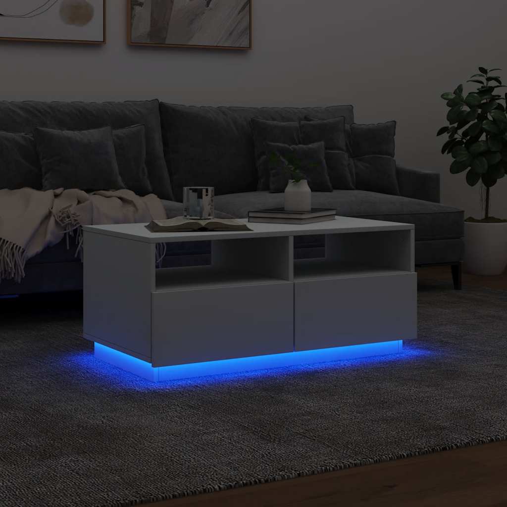sofabord med LED-lys 90x49x40 cm hvid