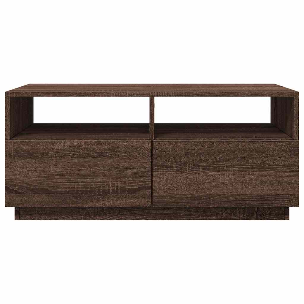 sofabord med LED-lys 90x49x40 cm brun egetræsfarve