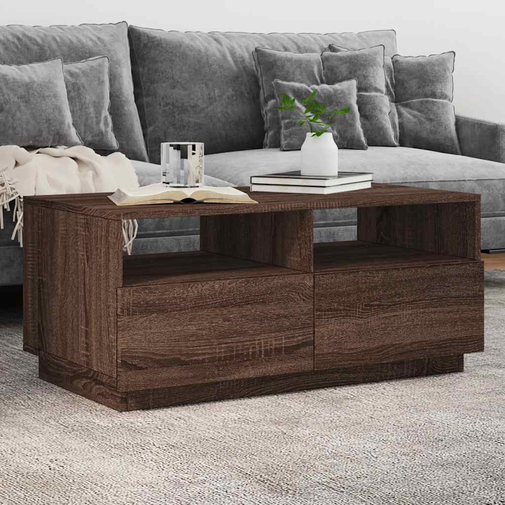 sofabord med LED-lys 90x49x40 cm brun egetræsfarve