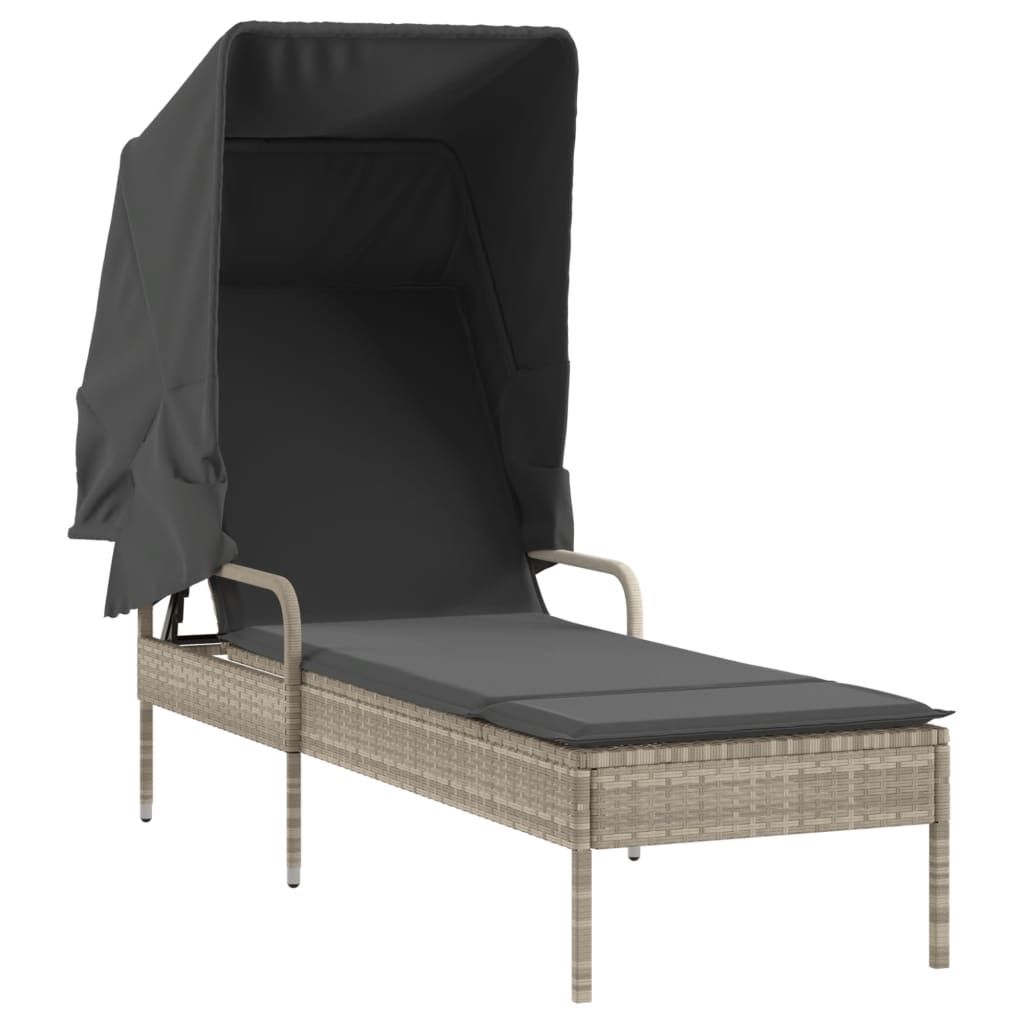 liggestol med baldakin og bord polyrattan lysegrå