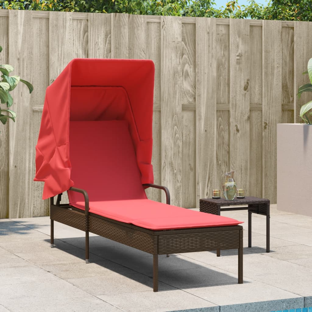 liggestol med baldakin og bord brun polyrattan