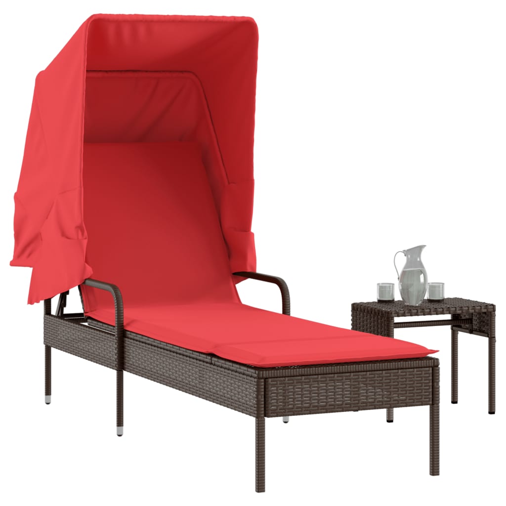 liggestol med baldakin og bord brun polyrattan