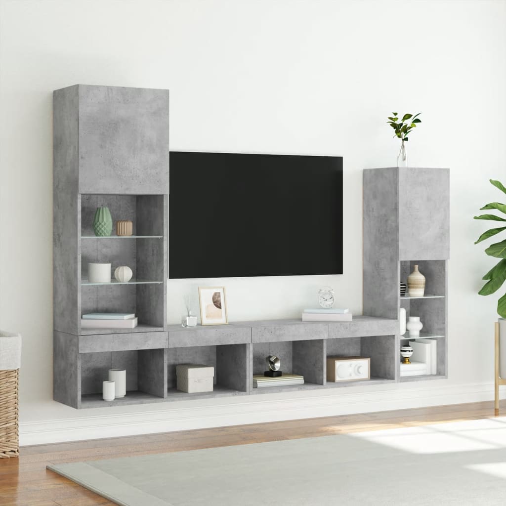tv-møbel til væg 4 dele med LED-lys konstrueret træ betongrå