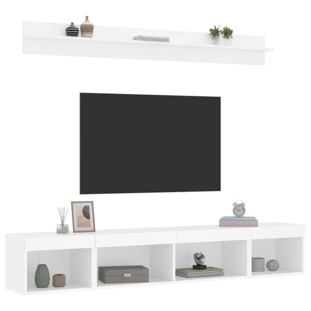 tv-møbel til væg 5 dele med LED-lys konstrueret træ hvid