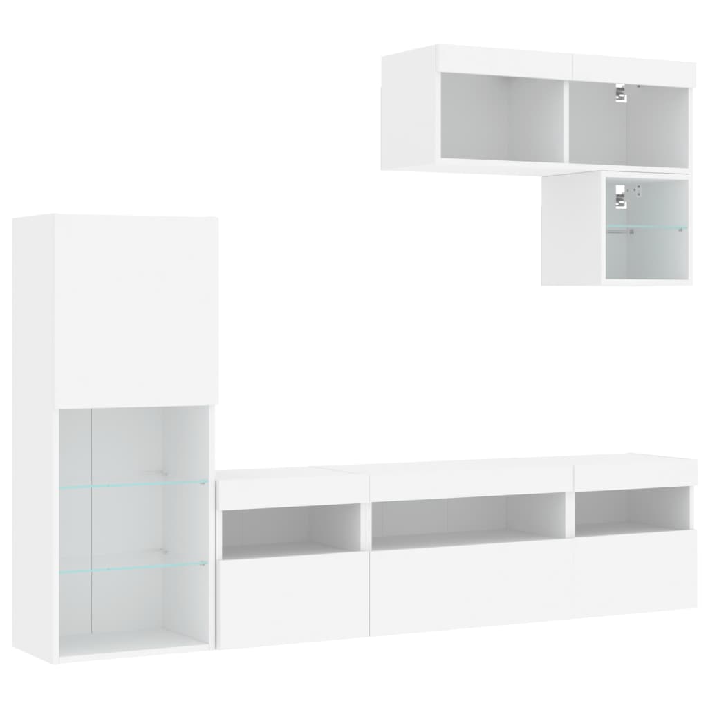tv-møbel til væg 6 dele med LED-lys konstrueret træ hvid