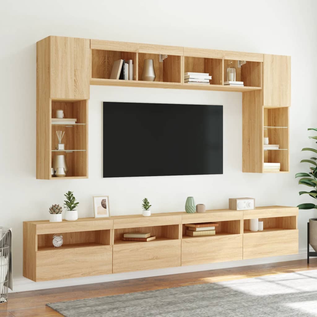 væghængt tv-møbel 8 dele med LED-lys sonoma-eg