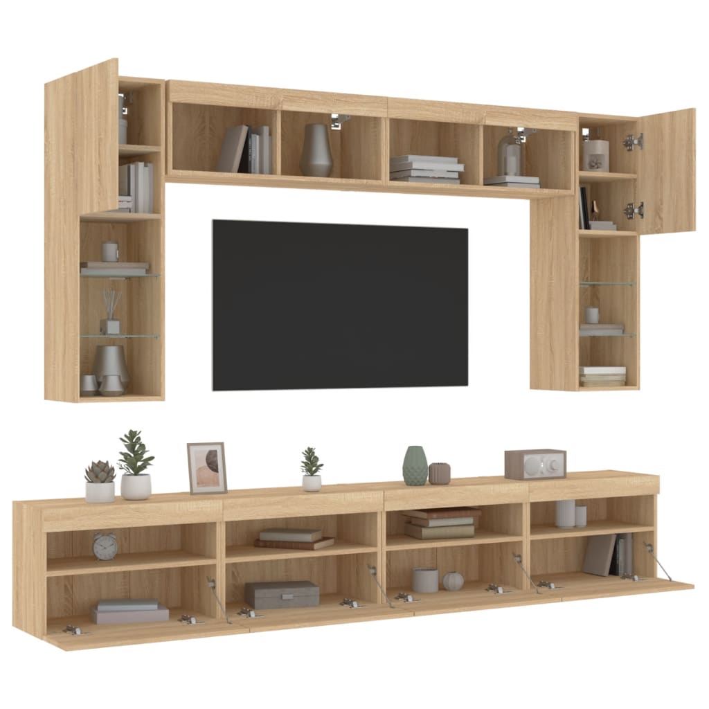 væghængt tv-møbel 8 dele med LED-lys sonoma-eg