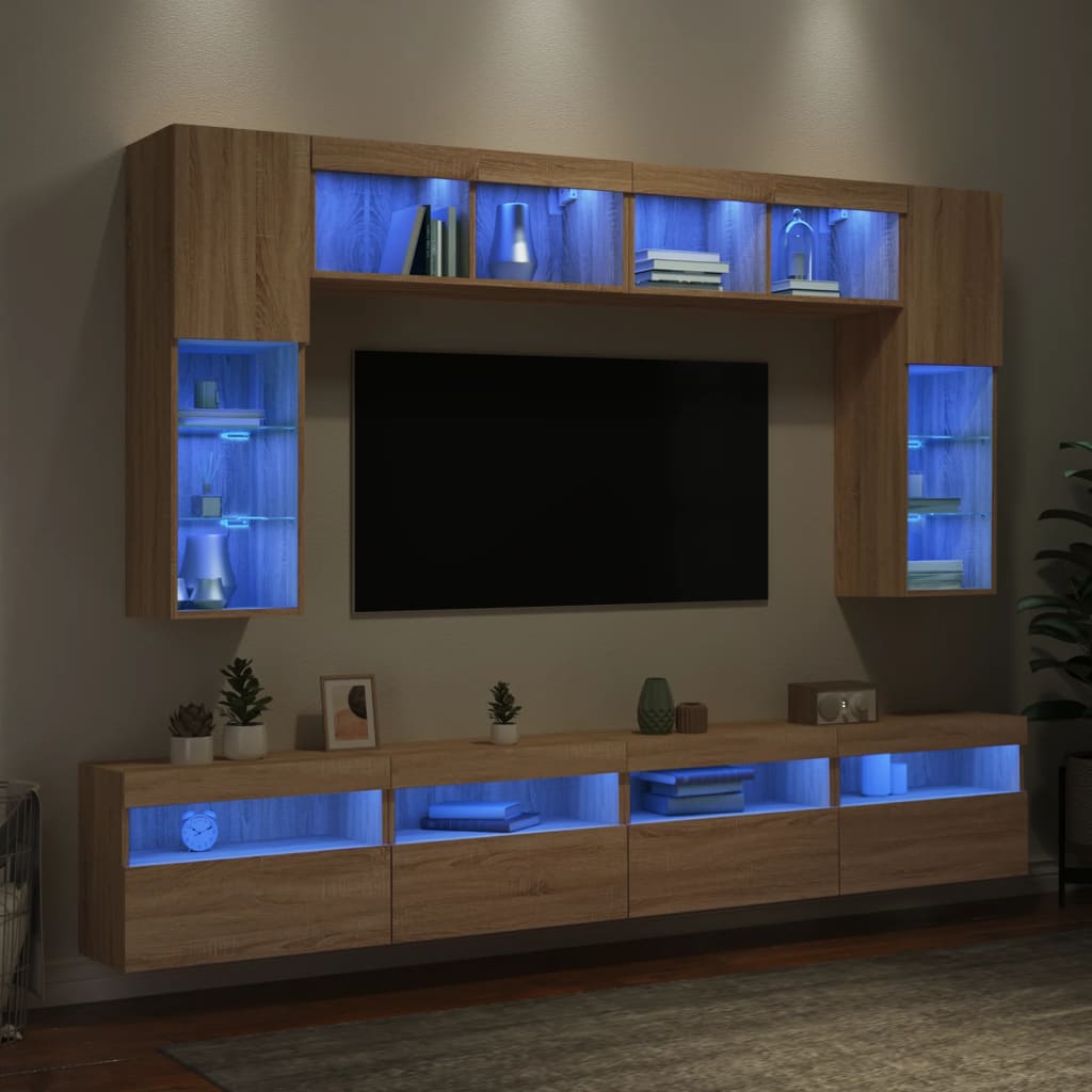 væghængt tv-møbel 8 dele med LED-lys sonoma-eg