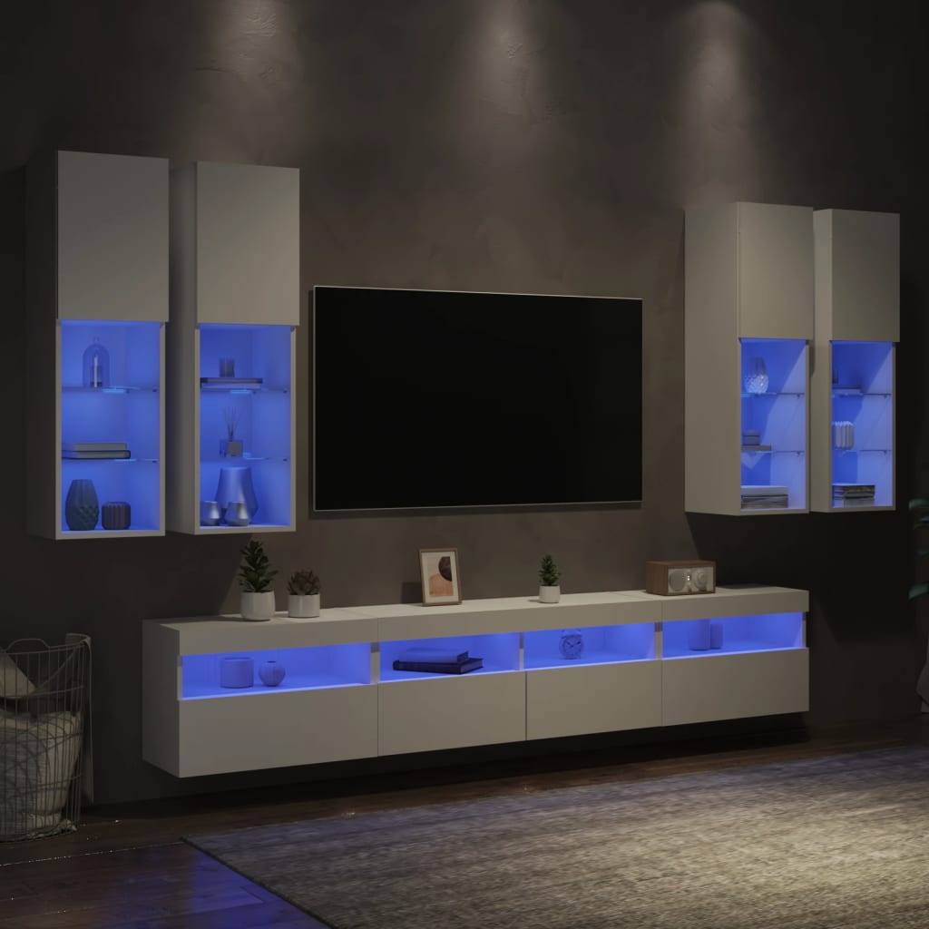 væghængt tv-møbel 6 dele med LED-lys hvid