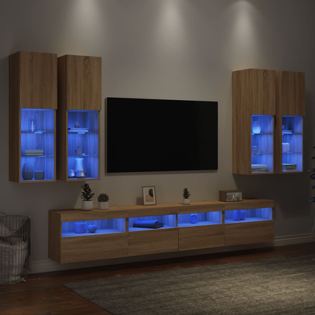 væghængt tv-møbel 7 dele med LED-lys sonoma-eg