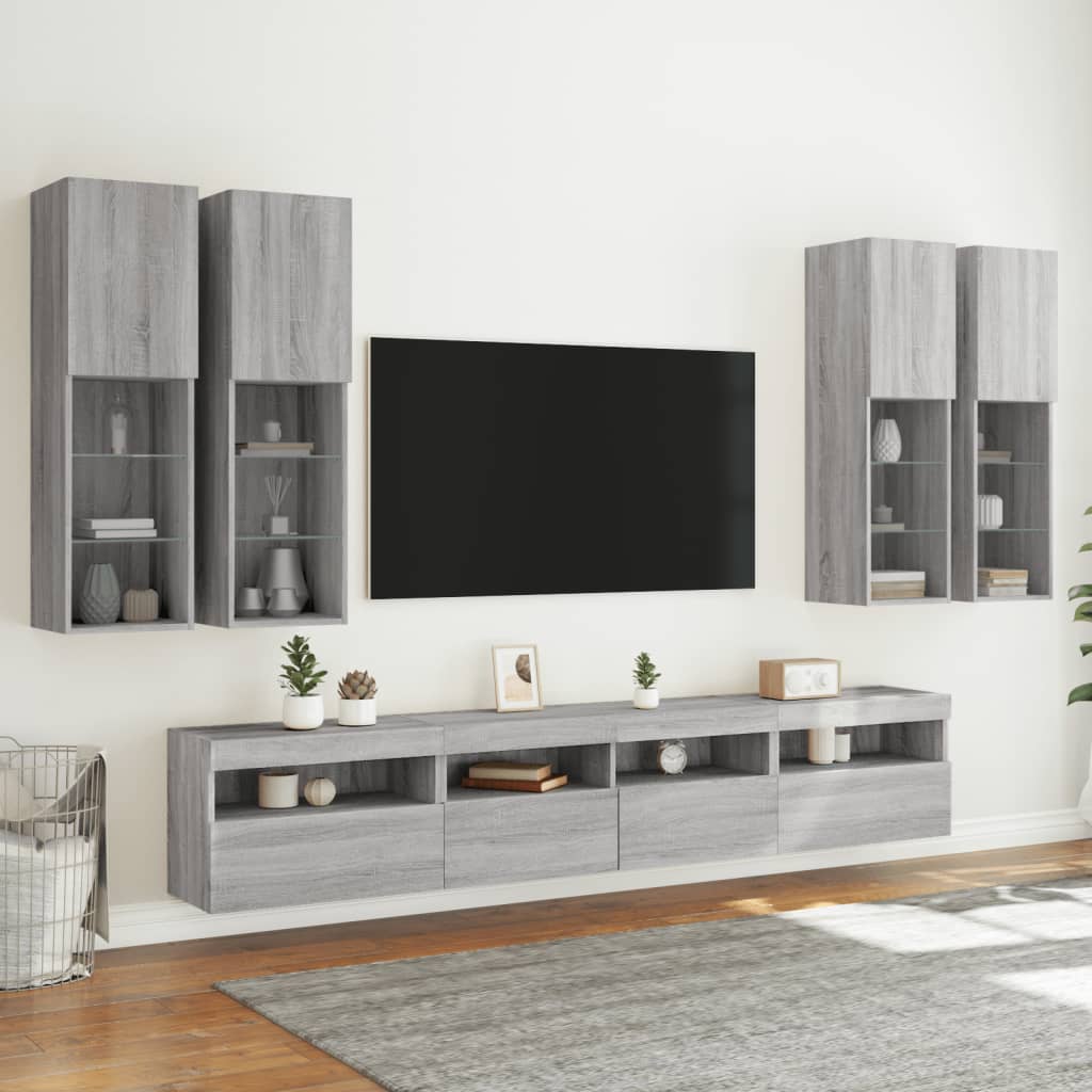væghængt tv-møbel 7 dele med LED-lys grå sonoma-eg