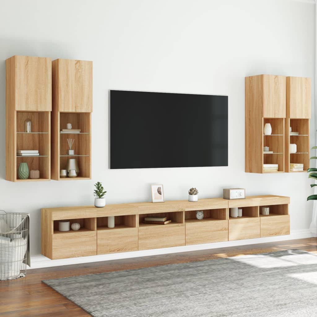 væghængt tv-møbel 7 dele med LED-lys sonoma-eg