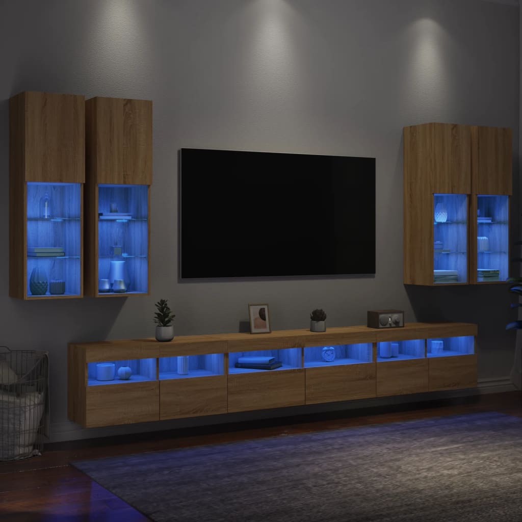 væghængt tv-møbel 7 dele med LED-lys sonoma-eg