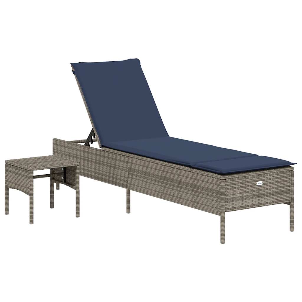 liggestol med bord og hynde grå polyrattan