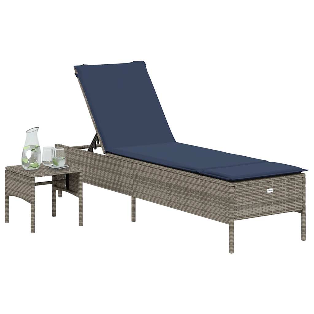 liggestol med bord og hynde grå polyrattan