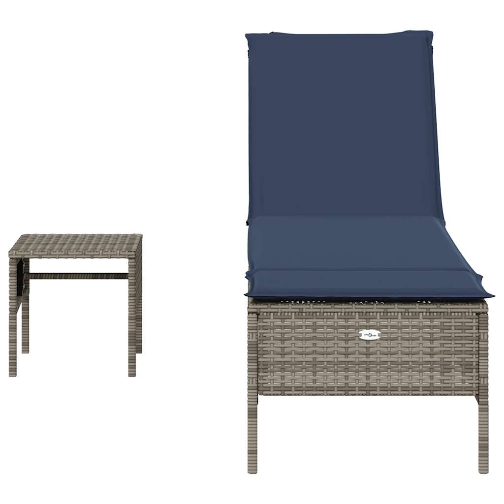 liggestol med bord og hynde grå polyrattan